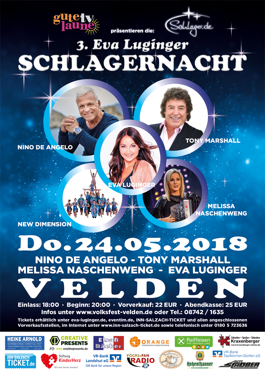 Plakat zur 3. Eva Luginger-Schlagernacht in Velden a. d. Vils mit Sponosren